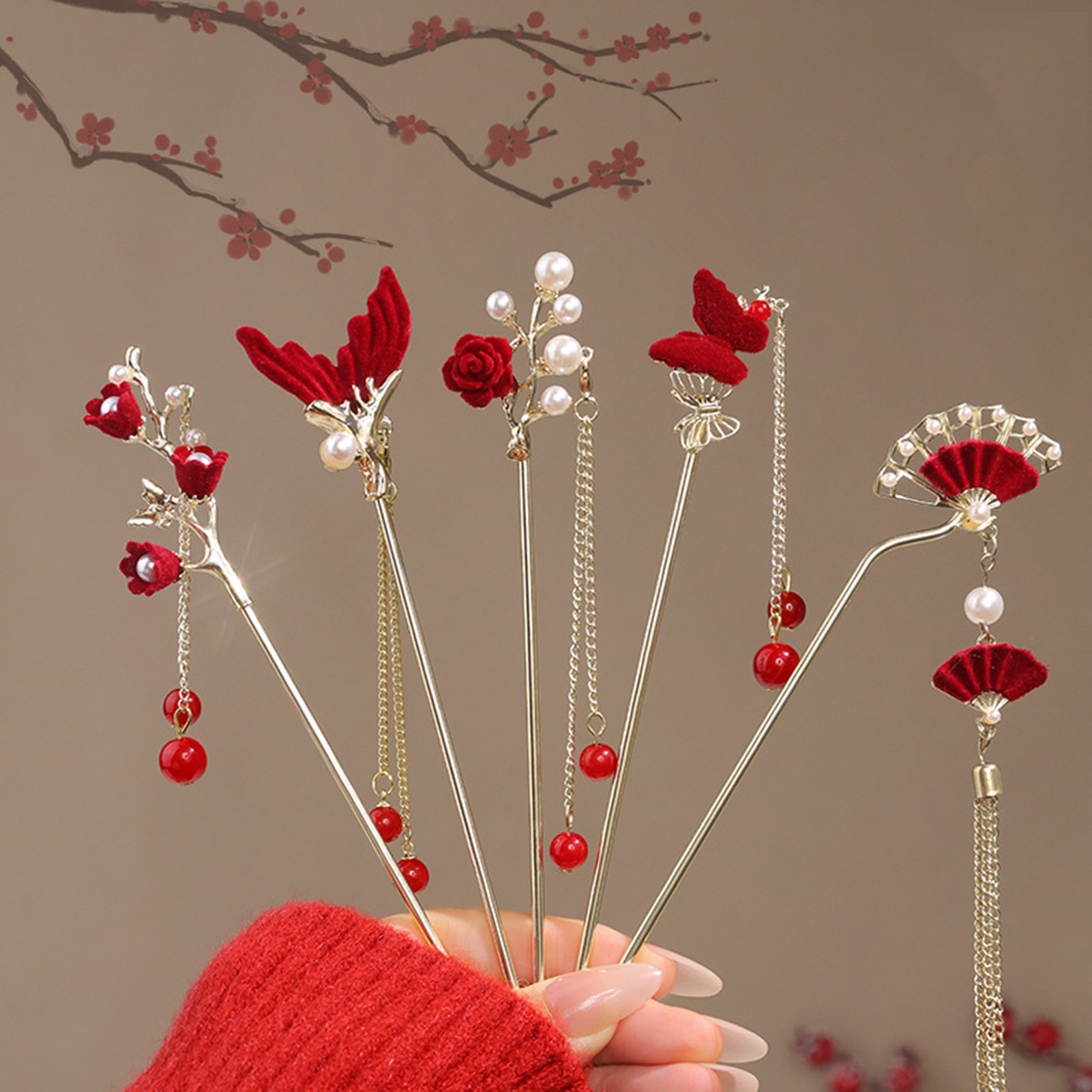 Women'S Red Accessories - 중국 스타일 장미 꽃 머리 스틱